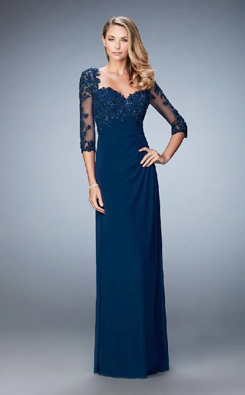 Daily Deals La Femme Illusion Lace Quarter Sleeve Draped Gown 21750SC - 1 Pc Gunmetal in Size 8 Available