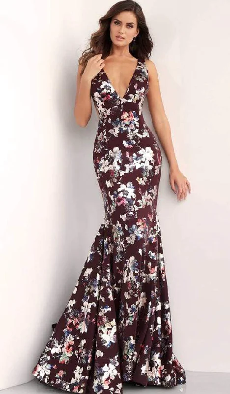Season Finale Sale Jovani - Plunging V Neck Floral Print Evening Dress 67362 - 1 pc Burgundy/Multi-Color In Size 2 Available Season Finale Sale Jovani - Plunging V Neck Floral Print Evening Dress 67362 - 1 pc Burgundy/Multi-Color In Size 2 Available