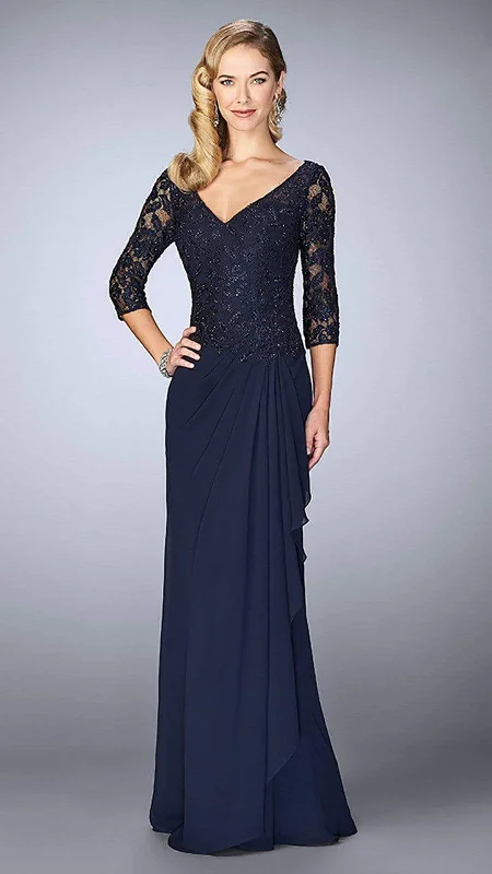 Hurry In La Femme - Laced V-Neck Column Dress 24857SC - 1 pc Navy in Sizes 12 Available