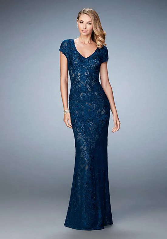 Referral Discount La Femme Embroidered V Neck Lace Sheath Evening Dress 23071SC - 1 Pc. Dark Blue in size 14 Available Referral Discount La Femme Embroidered V Neck Lace Sheath Evening Dress 23071SC - 1 Pc. Dark Blue in size 14 Available