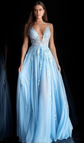 Special Savings Jovani - Embroidered Deep V-neck A-line Dress 58632SC - 1 pc Light-Blue In Size 6 Available Special Savings Jovani - Embroidered Deep V-neck A-line Dress 58632SC - 1 pc Light-Blue In Size 6 Available