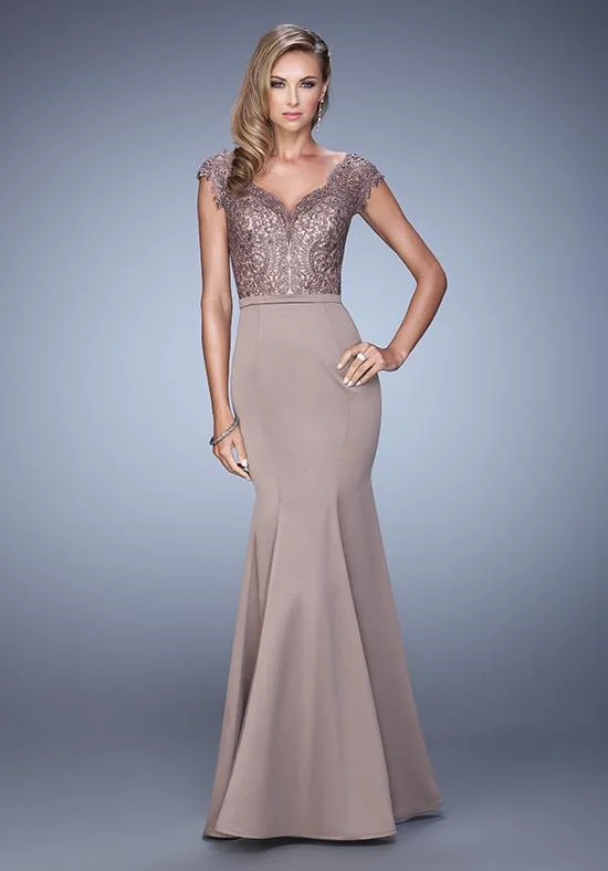Instant Discount La Femme V-Neck Laced Cap Sleeves Trumpet Dress 21702SC - 1 pc Cocoa In Size 2 Available