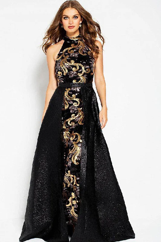 Can't Be Beat Jovani High Halter Sequined Overskirt Evening Gown - 1 pc Black/Multi In Size 6 Available Can't Be Beat Jovani High Halter Sequined Overskirt Evening Gown - 1 pc Black/Multi In Size 6 Available