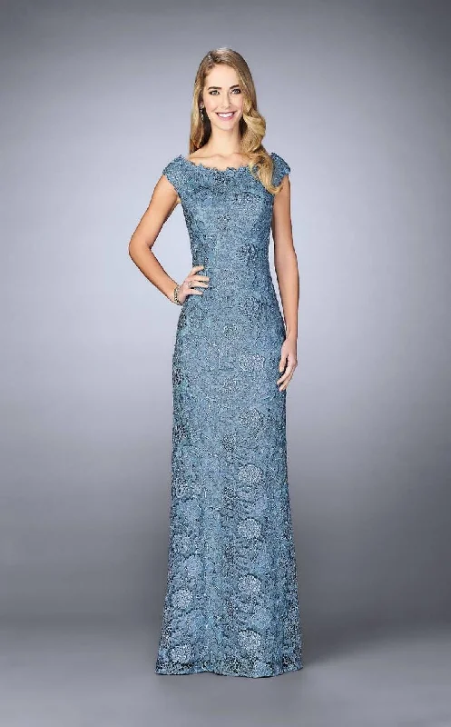 Price Break La Femme - Bateau Neck Cap Sleeves Floral Lace Long Dress 24860SC - 2 pcs Platinum in Sizes 6 and 8 Available