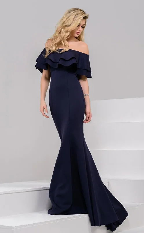 Major Savings Jovani - Ruffled Off-Shoulder Mermaid Dress 49631SC - 1 pc Red in Size 6 and 1 pc Navy in Size 20 Available