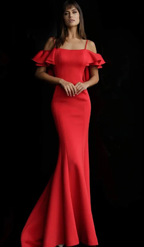 Deal Frenzy Jovani - Ruffled Off-Shoulder Long Mermaid Dress 57925 - 1 pc Red In Size 2 Available Deal Frenzy Jovani - Ruffled Off-Shoulder Long Mermaid Dress 57925 - 1 pc Red In Size 2 Available