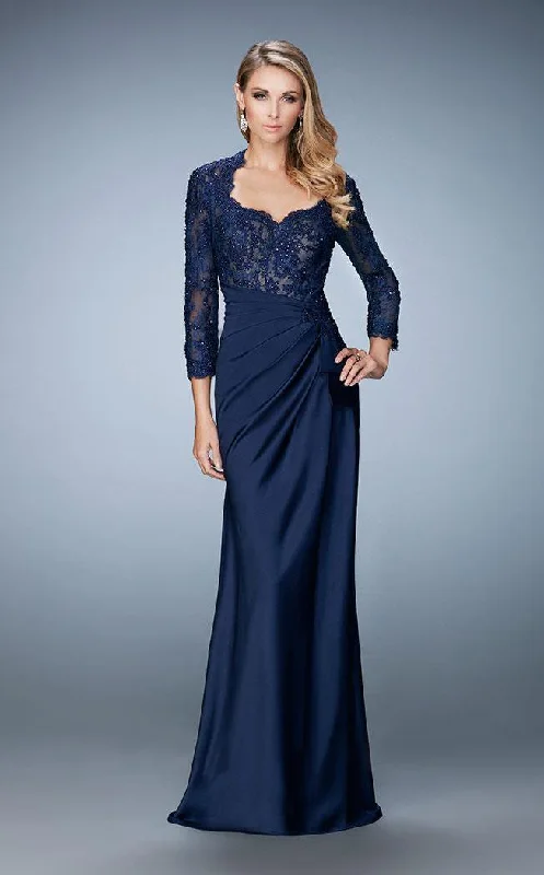 Weekend Deal La Femme - 21944 Embroidered Lace Ruched Evening Dress - 1 Pc. Navy in size 8 Available Weekend Deal La Femme - 21944 Embroidered Lace Ruched Evening Dress - 1 Pc. Navy in size 8 Available