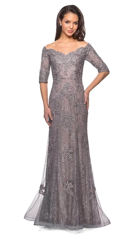 Big Discounts La Femme - 24866SC Elbow Length Sleeve Embroidered Sheer Overlay Evening Gown