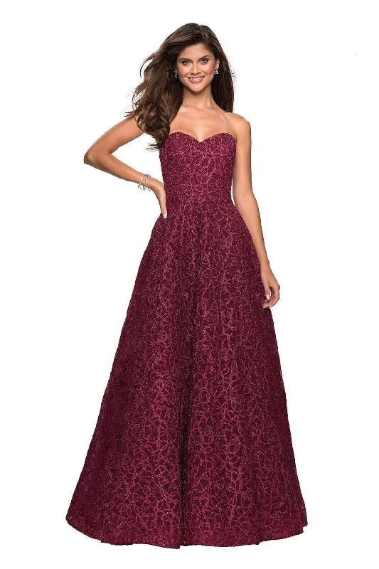 Deep Discounts La Femme - Strapless Sweetheart Bodice Metallic Lace Gown 27063SC - 1 pc Burgundy In Size 10 Available