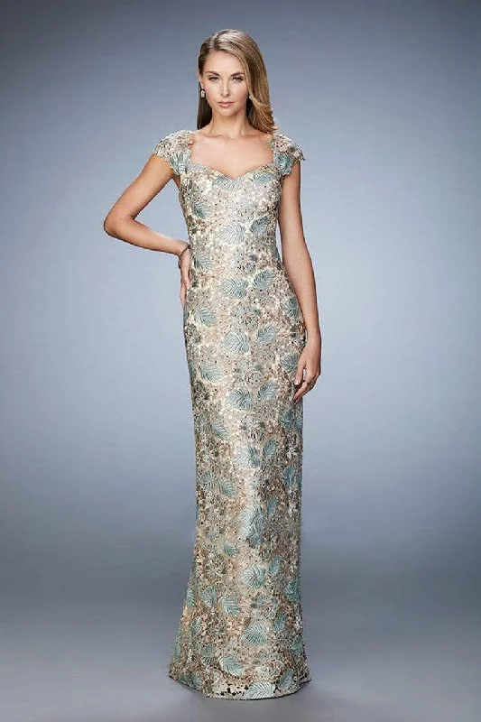 Limited Availability La Femme - Ornate Cap Sleeve Lace Brocade Gown - 1 pc Gold/Aqua In Size 20 Available Limited Availability La Femme - Ornate Cap Sleeve Lace Brocade Gown - 1 pc Gold/Aqua In Size 20 Available