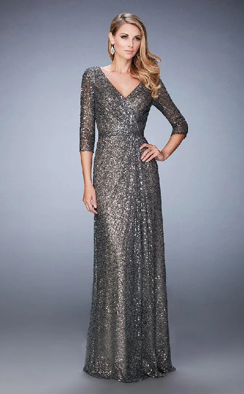 Deal Frenzy La Femme Sequined V-Neck A-Line Dress 21900SC - 1 Pc Charcoal in size 12 Available