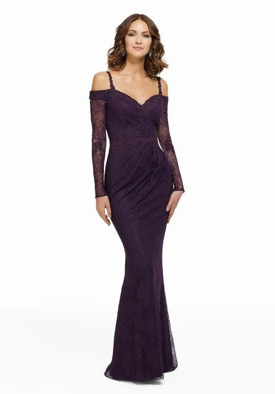 YEAR-End Clearance MGNY By Mori Lee - Lace Off-Shoulder Trumpet Evening Gown 72011SC - 1 pc Eggplant In Size 8 Available