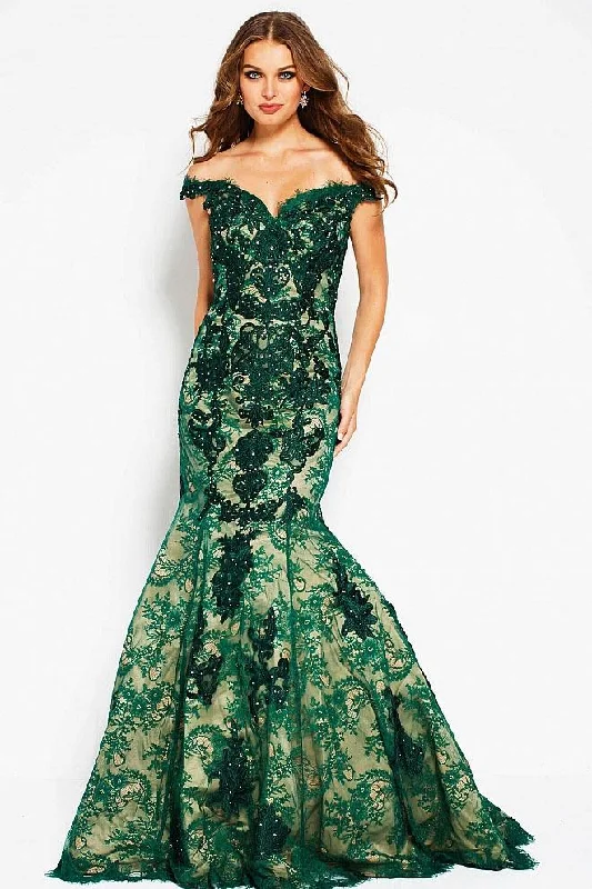Online Only Jovani - Floral Embroidered Off Shoulder Mermaid Gown 54418