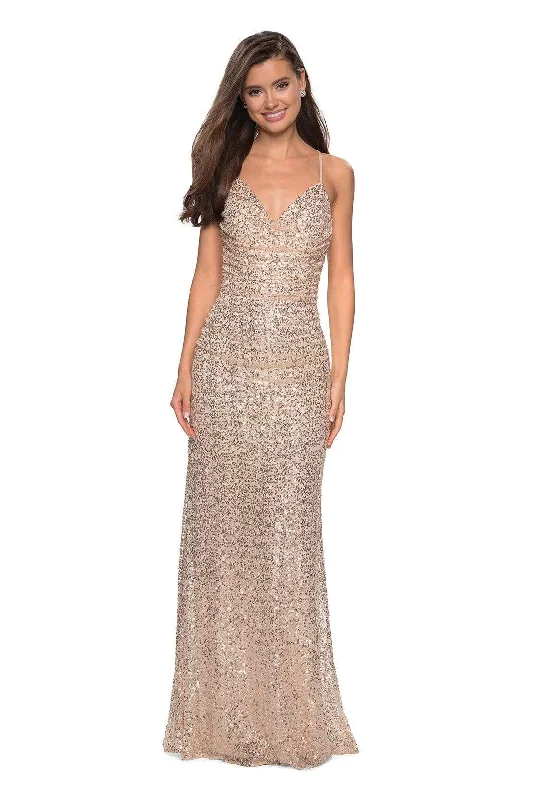 Clearance Sale La Femme - Sequined V-Neck Open Back Gown 27234 - 1 pc Light Gold In Size 0 Available Clearance Sale La Femme - Sequined V-Neck Open Back Gown 27234 - 1 pc Light Gold In Size 0 Available