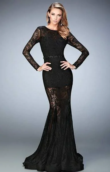 While Supplies Last La Femme - Long-Sleeved Intricate Lace Evening Gown 22443 - 1 pc Black In Size 6 Available