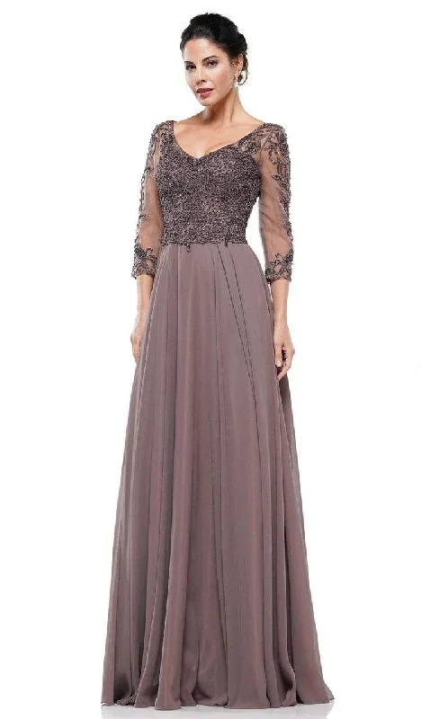 Huge Savings Marsoni by Colors - M228 Beaded Applique Embellished Quarter Length Sleeves Long Dress - 1 pc Dark Taupe In Size 10 Available