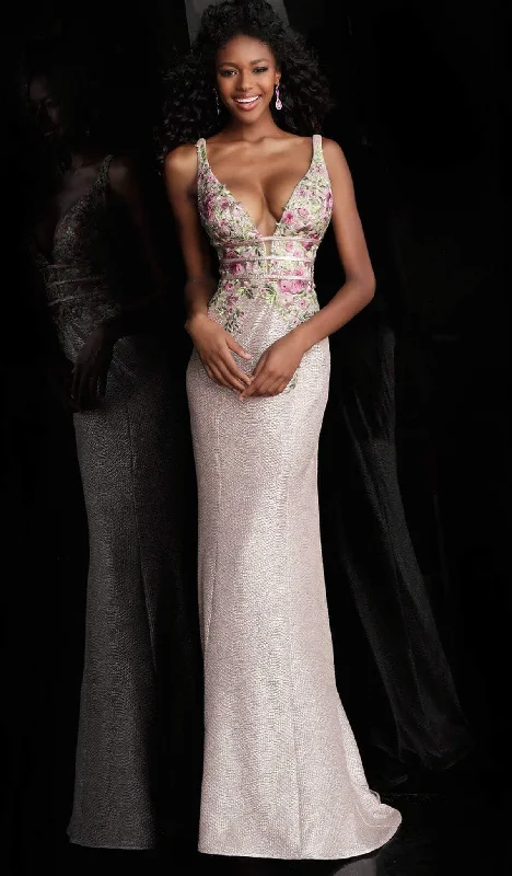 Steals and Deals Jovani - Floral Embroidered Plunging V-Neck Gown 58984