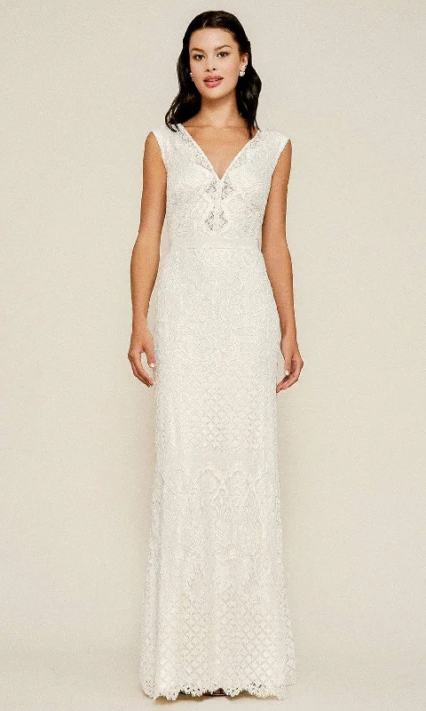 Best Bargains Tadashi Shoji - Fully Lace V-neck Long Sheath Dress - 1 pc Ivory In Size 10 Available