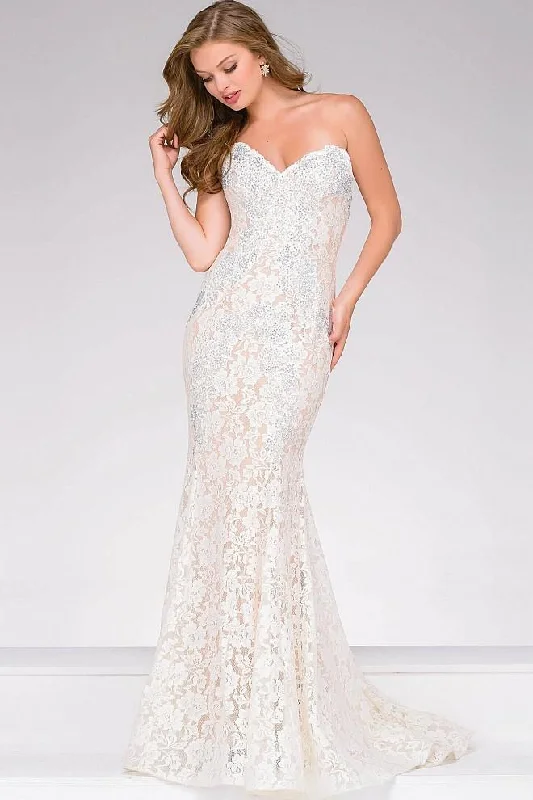 Hurry In Jovani - 37334SC Crystal Embellished Strapless Lace Prom Dress - 1 Pc Navy in Size 8 Available