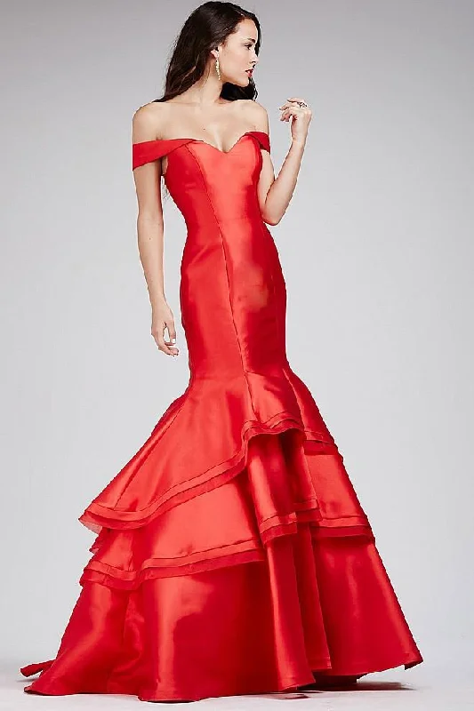 New Deals Jovani 31100 Off-Shoulder Satin Mermaid Gown 1 pc Red in size 4 and 1 pc Black in size 10 Available New Deals Jovani 31100 Off-Shoulder Satin Mermaid Gown 1 pc Red in size 4 and 1 pc Black in size 10 Available