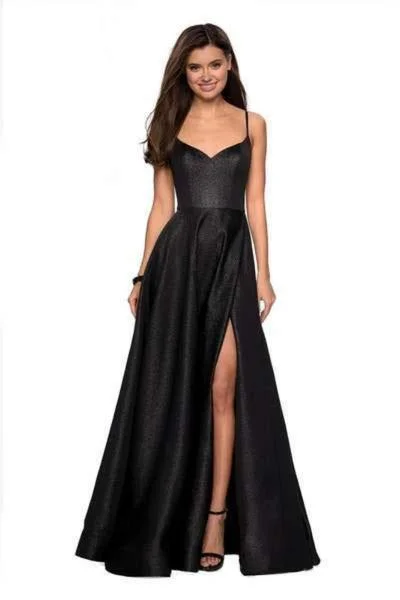 Take Advantage La Femme - Metallic A-Line High Slit Gown 27619 - 1 pc Black In Size 12 Available Take Advantage La Femme - Metallic A-Line High Slit Gown 27619 - 1 pc Black In Size 12 Available