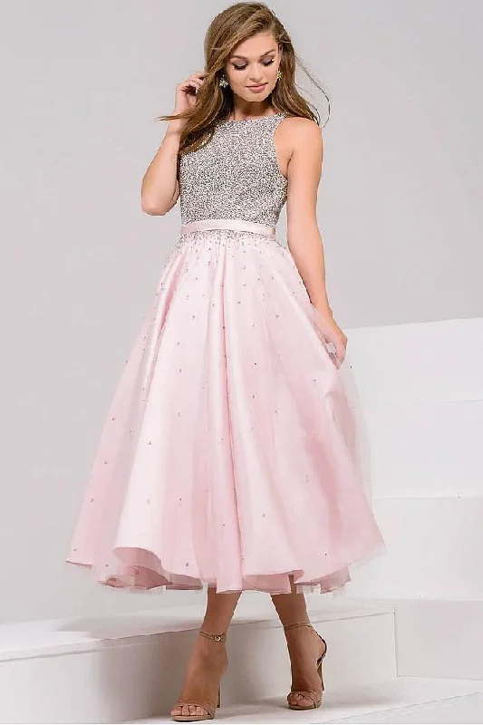 Low Prices Jovani - Crystal Embellished Bateau Tea Length Dress 48103 - 2 Pcs Blush in Size 6 and 12 Available