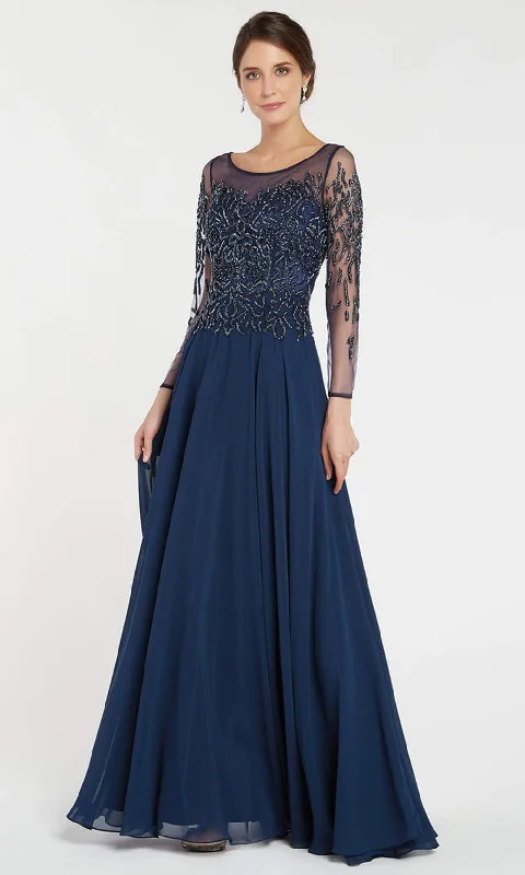 Now or Never Alyce Paris - 27244 Beaded Illusion Neckline and Quarter Length Sleeve A-line Dress - 1 pc Navy in Size 8 Available