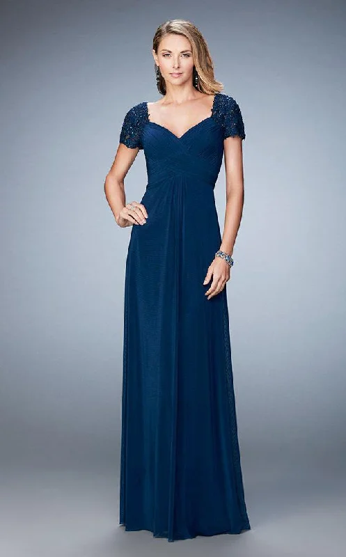 Best Bargains La Femme - Ruched V-Neck Column Dress 21765 - 1 pc Navy in Size 10 Available