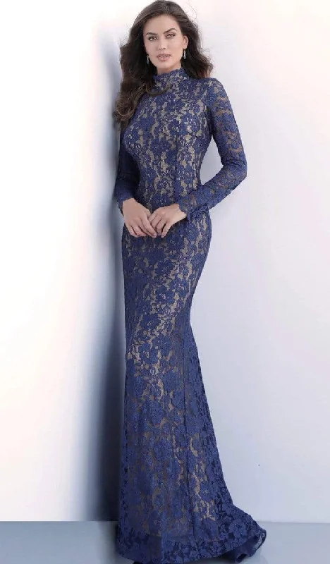 Quick Sale Jovani - Long Sleeve High Neck Trumpet Dress 63209SC - 1 pc Navy/Nude in Size 8 Available