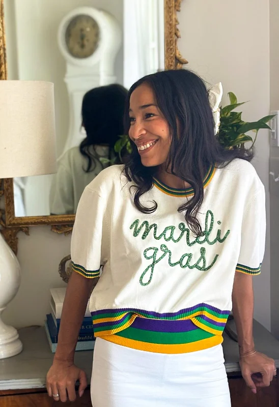 Act Now Adult Short Sleeve Tinsel Crop - Mardi Gras