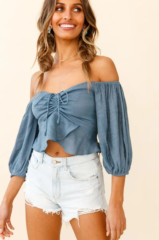 Bonus Savings Avaline Balloon Sleeve Ruched Bust Bardot Top Midnight Blue