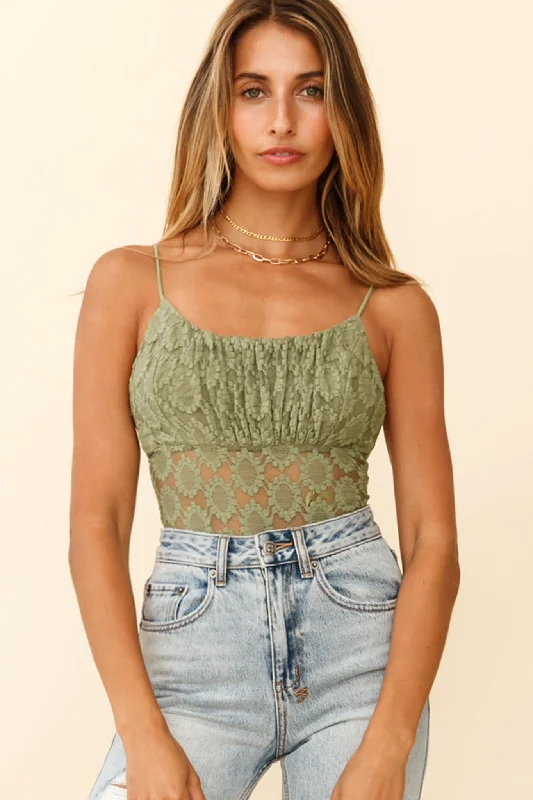 Instant Savings Dirty Dancing Ruched Bust Low-Back Lace Bodysuit Avocado