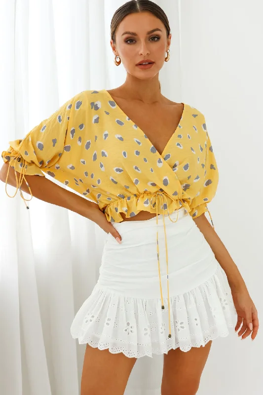 Clearance Event Distant Sun Drawstring Waist Crop Top Animal Print Yellow