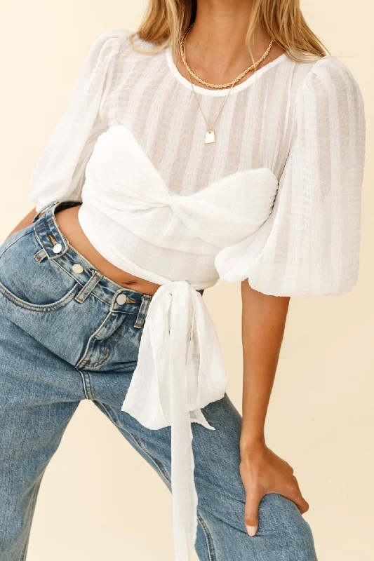 Bargain Bin Emerson Puff Sleeve Waist Tie Top White