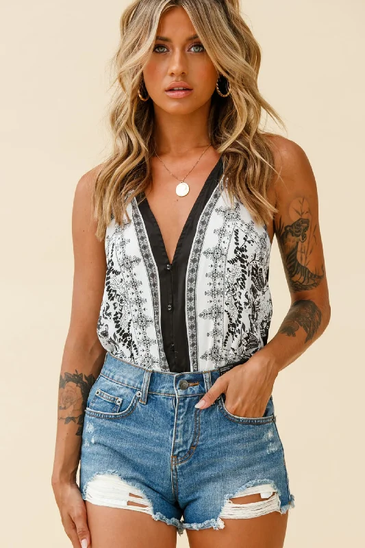 Limited Edition Get Loud Button Front Open Back Bodysuit Paisley Print Black