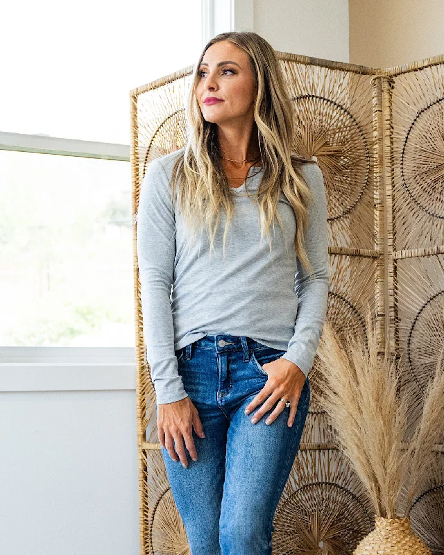 Limited Time Discount Dani Notched Neck Long Sleeve Top - Heather Gray