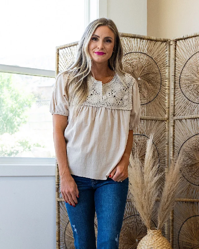Limited Quantity Renee Crochet Detail Split Neck Top - Natural Beige