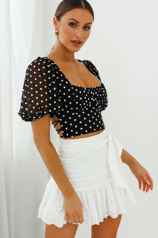 Deal of the Day Petite Cherie Puff Sleeve Lace-Up Back Crop Top Floral Embroidered Black