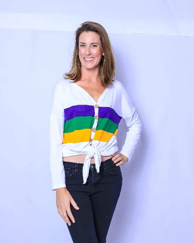 Deep Discounts White Chest Stripe Button Down Tie Top