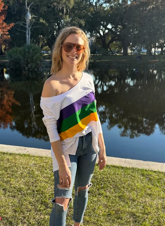 Closeout White Chest Stripe Off the Shoulder Jersey Top