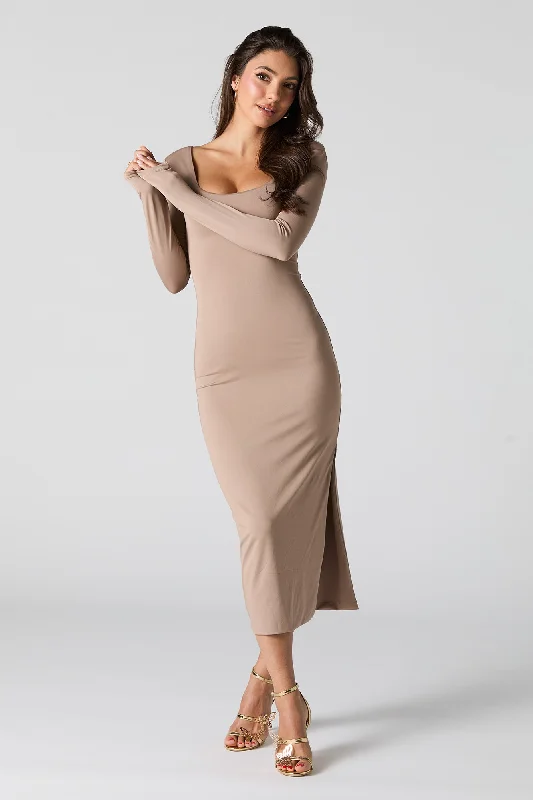 Midnight Madness Contour Long Sleeve Slit Midi Dress