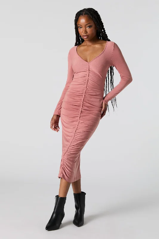 The Best Prices Ruched V-Neck Long Sleeve Midi Dress
