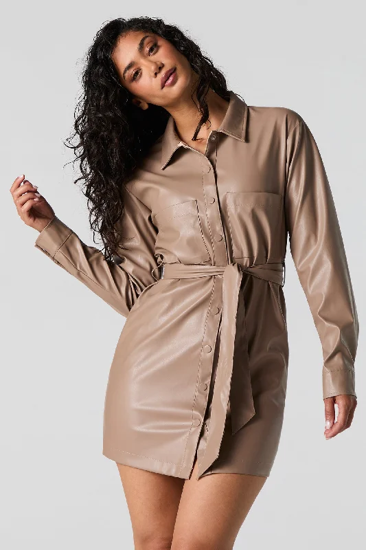 Price Cut Faux Leather Belted Long Sleeve Mini Dress