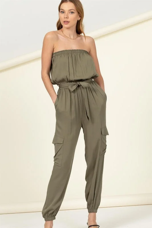 Overstock Flap Pocket Side Belted Tube Jumpsuit