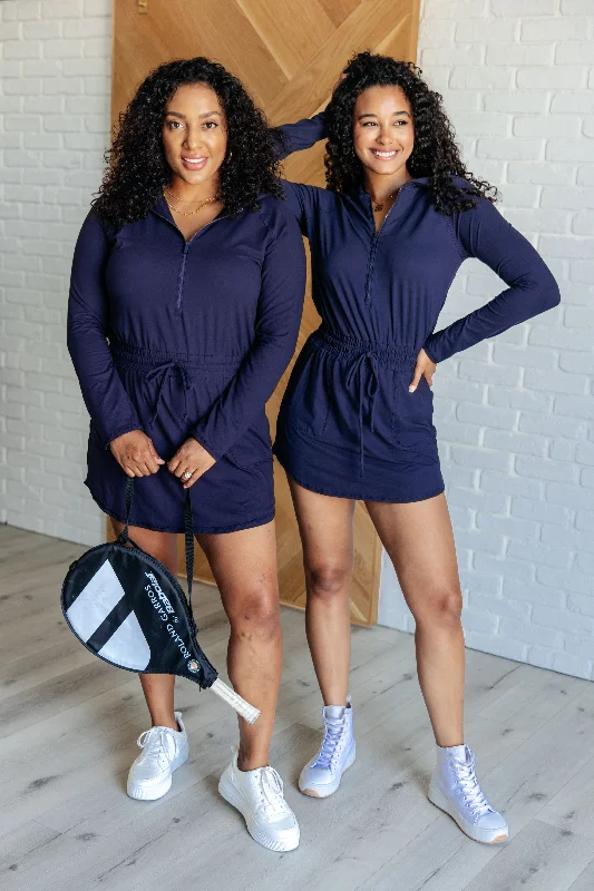 Price Reduction Getting Out Long Sleeve Hoodie Romper in Navy