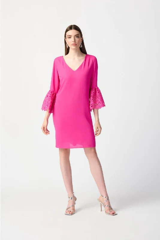 Extra Savings Joseph Ribkoff Georgette V-Neck 3/4 Guipure Lace Sleeves Trapeze Dress 241252