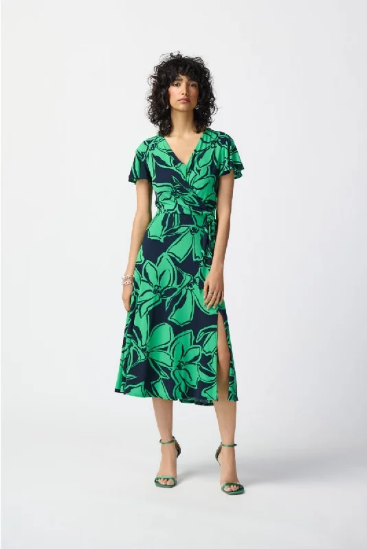 TIME-Limited Offer Joseph Ribkoff Midnight Blue/Green Floral Print Faux Wrap Flowy Midi Dress 241052 TIME-Limited Offer Joseph Ribkoff Midnight Blue/Green Floral Print Faux Wrap Flowy Midi Dress 241052
