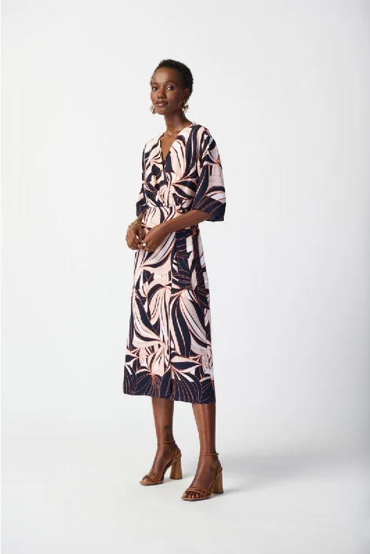 Discount Mania Joseph Ribkoff Midnight Blue/Multi Tropical Print Faux Wrap Midi Kimono Dress 241114 Discount Mania Joseph Ribkoff Midnight Blue/Multi Tropical Print Faux Wrap Midi Kimono Dress 241114