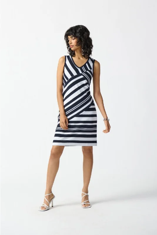 Fantastic Deals Joseph Ribkoff Midnight Blue/Off-White Striped V-Neck Sleeveless Sheath Dress 242077 Fantastic Deals Joseph Ribkoff Midnight Blue/Off-White Striped V-Neck Sleeveless Sheath Dress 242077