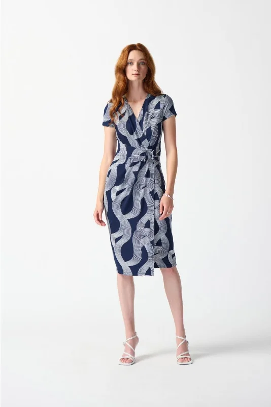 Lowest Prices Joseph Ribkoff Midnight Blue/Vanilla Wavy Stripes Faux Wrap Sheath Dress 242023 Lowest Prices Joseph Ribkoff Midnight Blue/Vanilla Wavy Stripes Faux Wrap Sheath Dress 242023